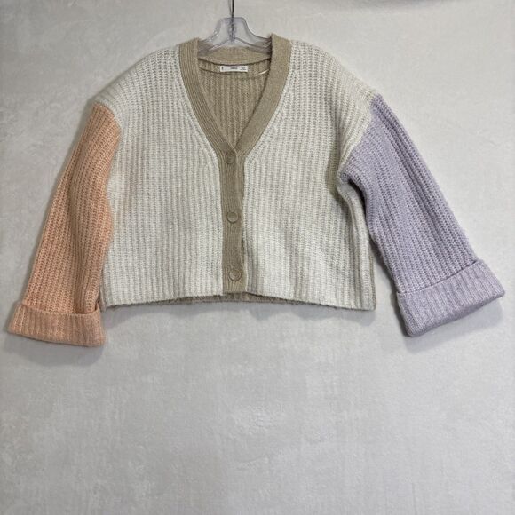 MNG MANGO Women's Knit Cropped Color Block Cardigan Sweater Alpaca Wool Blend - Picture 1 of 15